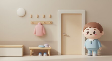 3d cute cartoon illustration, scandinavian interior design entry way of a house, subject on the right, clear copy space on the left.