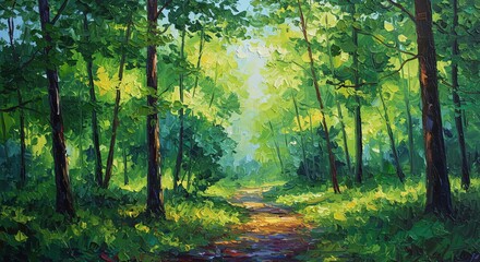 Obraz premium Forest Path Painting with Sunlight and Lush Green Trees