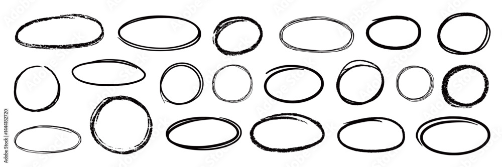 Leinwandbilder line brush pen highlight round oval frame set. hand drawn marker, pen scribble stroke line oval fram