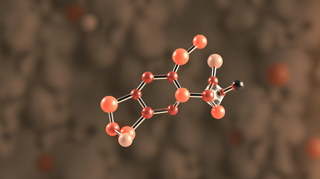 benzoic acid molecular structure, 3d model molecule, aromatic carboxylic acid, structural chemical formula view from a microscope