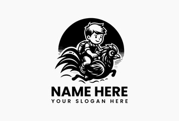 Stylized vector logo of boy riding a chicken or rooster, rural farm-themed illustration with whimsical character design isolated on white background