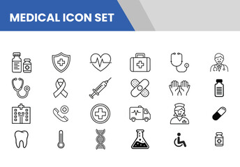 Hospital and Medical Icons Set – Editable Stroke Vector Outline Symbols of Healthcare, Doctor, Medicine, Clinic, Emergency, and First Aid