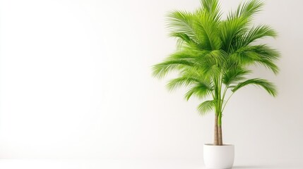 Obraz premium A single palm tree in a white pot against a white wall. A simple, stylish indoor plant arrangement
