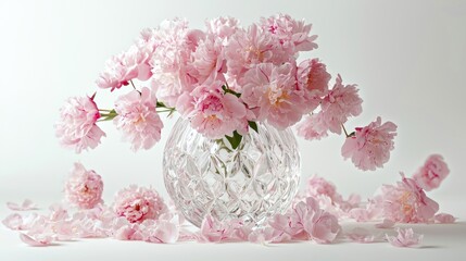 Crystal vase with faded peonies and fallen petals on white background.