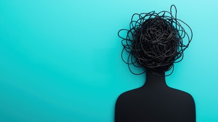 social anxiety. A silhouette with tangled wires represents chaotic thoughts against a teal background.