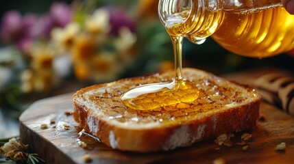A black female hand pouring golden honey from a glass jar onto a slice of freshly toasted bread. The honey catches the light as it drips, creating a mouthwatering