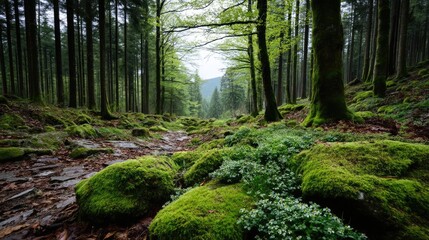 Obraz premium Green moss across peaceful landscape with natural beauty concept. Lush green forest with moss-covered rocks and tall trees.