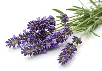 Fototapeta premium A bunch of lavender flowers with green leaves on a white background in a close up studio shot view