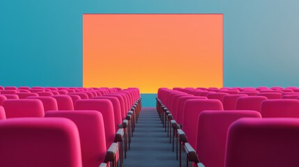 Fototapeta premium People in the cinema auditorium with Cinema blank wide screen and red chairs in the cinema hall,People silhouettes watching movie performance,empty white screen,space for text,copy space.