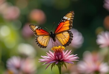 Fototapeta premium Butterfly Gathering Nectar From Pink Flower in Garden