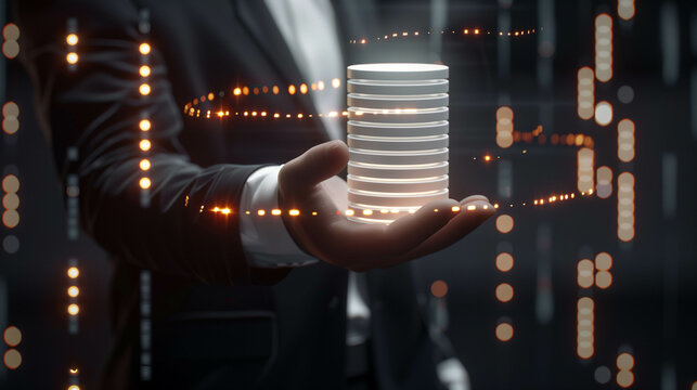 Businessman holding glowing server stack surrounded by abstract data flow in dark setting