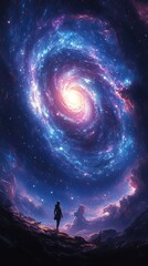 Cosmic poster, swirling galaxy with stars and light trails, deep blue and purple tones