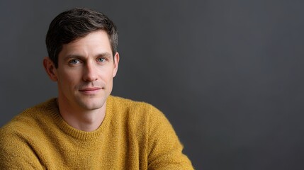 Fototapeta premium Confident man in mustard sweater, exuding quiet strength and modern elegance 
