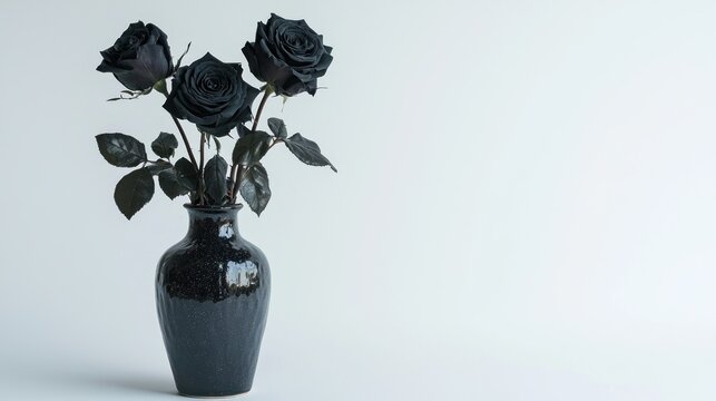 Dark ceramic vase with wilted black roses on white background.