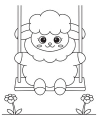 Coloring book lamb having fun on a swing among the flowers.