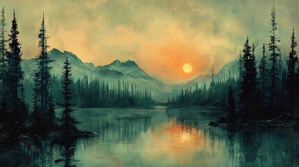 Misty mountain lake sunrise