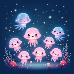 Fototapeta premium Cute cartoon jellyfish in a colorful underwater scene. Kawaii