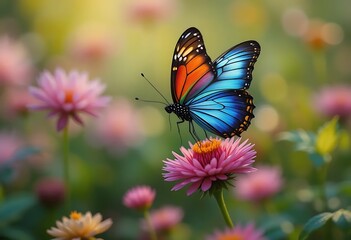 Naklejka premium Butterfly Resting on Flower in a Field of Blooms
