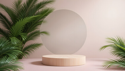 Basic wood cylinder display on a light pink surface with a round element and exotic palm greenery