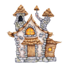 Castle old stone, with a thatched roof watercolor illustration, hand drawn. Isolated from the background. Suitable for Halloween decoration, scary stories and mystical design.