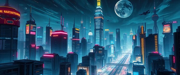 A vibrant and dynamic cityscape, showcasing futuristic architecture and neon lighting.