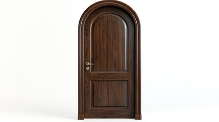 Dark walnut wooden door with arched top and classic molding, partially opened on white background.