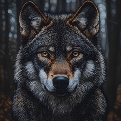 Fototapeta premium Close-up of a alert and majestic wolf with intense golden eyes in a dark forest background, detailed fur texture and a piercing gaze, emphasizing wilderness and wildlife beauty