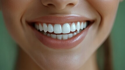 Fototapeta premium Close-up of a woman's healthy, bright smile. Perfectly aligned, white teeth; pinkish, glossy lips