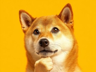 Shiba Inu dog, edited with paw stroking chin thoughtfully, isolated soft yellow background