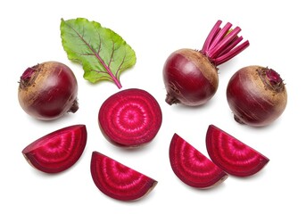A flat lay of beets with whole roots sliced pieces and a green leaf on a white background view