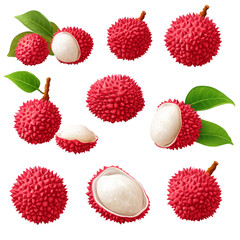 Red lychee fruit set isolated on a white background