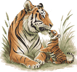 Mother Tiger with Cub Watercolor Illustration – Wildlife Family Love in Nature