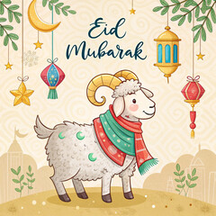 Cute Cartoon Goat Eid Mubarak Illustration with Islamic Decorations – Festive Greeting Card Design