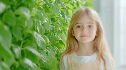 Young girl in a lush green indoor garden