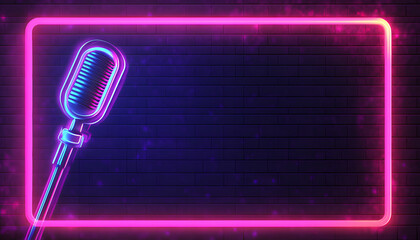 Neon-lit microphone with glowing frame, vibrant template for karaoke, live music, stand-up comedy, and entertainment events.