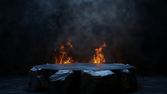 Rock platform podium for product presentation background - Dark stone podium for beauty and spa cosmetic brand product placement on black background wall with fire. Luxury granite natural material

