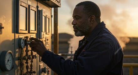 Middle-aged Black man in a dark blue work uniform operating an industrial control panel with gauges and valves at a factory or plant during the golden hour