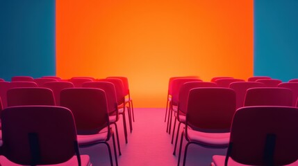 Fototapeta premium People in the cinema auditorium with Cinema blank wide screen and red chairs in the cinema hall,People silhouettes watching movie performance,empty white screen,space for text,copy space.