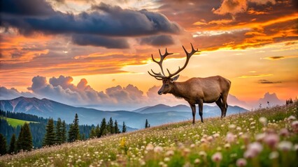 Fototapeta premium Majestic Elk at Sunset in Mountain Landscape