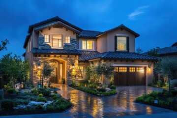 Home Real Estate. Beautiful Modern House Exterior at Night