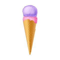 Realistic ice cream cone with pink and purple scoops. Bright colors symbolize freshness and fun. Perfect for summer themes and advertisements. Isolated on white background.