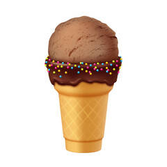 Chocolate ice cream cone with colorful sprinkles on top presented on a plain white background. Perfect for illustrating dessert menus summer treats ice cream shops and food blogs.