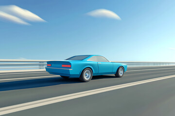 Naklejka premium A sleek blue car speeding along a modern highway with a clear sky and distant landscape