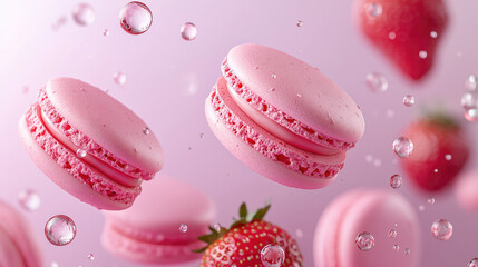 Obraz premium Delicate pink macarons, floating in mid-air, surrounded by water droplets and a strawberry. Sweet treats in a vibrant pink setting