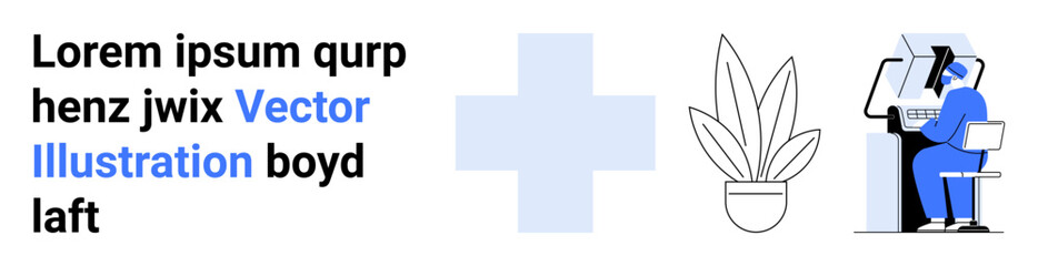 Obraz premium Medical worker interacts with screen, potted plant, and text with a blue cross sign. Ideal for healthcare, technology, wellness, education, workplace, design flat landing page banner
