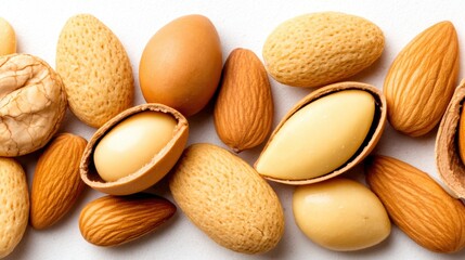 A close-up view of whole and shelled almonds scattered on a white background.