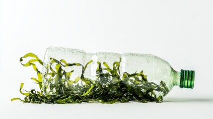 Discarded plastic bottle with tangled seaweed on white background