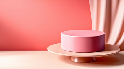 Minimalist pink cake on a pastel cake stand with a matching pink background and draped fabric.