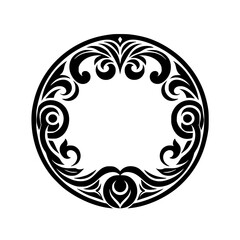 Decorative Floral Circle Frame, Black and White Ornament, Vector