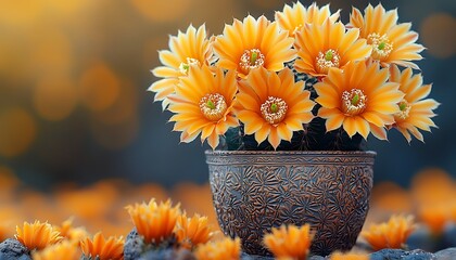 Orange cactus flowers in a pot